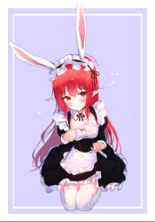 Rule 34 | 1girl, aak, animal ears, apron, bad id, bad pixiv id, black dress, blush, brown eyes, detached collar, dress, dungeon and fighter, garter straps, highres, long hair, mage (dungeon and fighter), maid, maid headdress, pointy ears, rabbit ears, red hair, sitting, solo, thighhighs, waist apron, white thighhighs