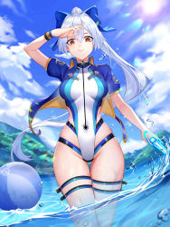 Rule 34 | 1girl, absurdres, ball, beachball, blue bow, blue jacket, blue one-piece swimsuit, blue sky, bow, breasts, energy sword, fate/grand order, fate (series), gaosu gong lu, hair between eyes, hair bow, highleg, highleg swimsuit, highres, jacket, large breasts, lens flare, long hair, looking at viewer, one-piece swimsuit, open clothes, open jacket, ponytail, red eyes, short sleeves, silver hair, sky, smile, solo, sunlight, swimsuit, sword, thigh strap, thighs, tomoe gozen (fate), tomoe gozen (swimsuit saber) (fate), two-tone swimsuit, wading, water, weapon, white one-piece swimsuit