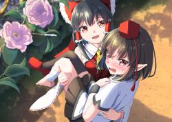 Rule 34 | 2girls, amanoyayuki, ascot, bandaged leg, bandages, black hair, black skirt, black thighhighs, blush, bow, carrying, commentary, detached sleeves, flower, flower request, frilled bow, frilled hair tubes, frills, hair bow, hair tubes, hakurei reimu, hat, highres, injury, long hair, medium hair, multiple girls, no wings, open mouth, pleated skirt, pointy ears, princess carry, red bow, red eyes, red footwear, red hat, ribbon-trimmed sleeves, ribbon trim, shameimaru aya, shirt, shoes, short sleeves, single shoe, single thighhigh, skirt, smile, sweatdrop, thighhighs, tokin hat, touhou, white shirt, yellow ascot, yuri