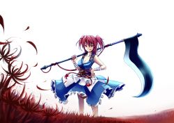 Rule 34 | 1girl, absurdres, amakan!, breasts, cleavage, female focus, flower, hair bobbles, hair ornament, highres, large breasts, nature, obi, onozuka komachi, outdoors, red eyes, red hair, sash, scythe, solo, spider lily, standing, touhou, twintails, two side up, white background