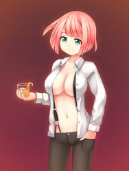 Rule 34 | 1girl, alcohol, aposine, bad id, bad tumblr id, black pants, breasts, collarbone, cowboy shot, cup, drink, drinking glass, female focus, glass, green eyes, hand in pocket, hand up, highres, holding, ice, ice cube, konoka (aposine), large breasts, long sleeves, looking down, navel, open clothes, open shirt, original, pants, pink hair, purple background, shirt, short hair, simple background, smile, solo, standing, suspenders, white shirt