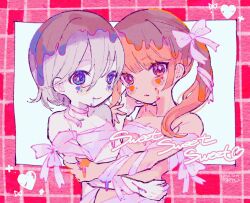 Rule 34 | 2girls, bare shoulders, blue eyes, breasts, chocolate, closed mouth, hair ribbon, hand on another&#039;s arm, hand on another&#039;s face, heart, highres, hug, kiato, long hair, looking at viewer, multiple girls, naked ribbon, orange eyes, orange hair, original, pale skin, pink background, pink ribbon, ribbon, short hair, small breasts, smile, sticker on face, twintails, upper body, yuri