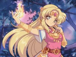 Rule 34 | 1990s (style), 1girl, belt, blonde hair, bracer, commentary, dress, earrings, english commentary, fire, forehead jewel, forest, highres, jewelry, komi shou, long hair, magic, nature, necklace, nintendo, parody, pearl necklace, pink dress, pointy ears, princess zelda, retro artstyle, sidelocks, solo, style parody, super smash bros., the legend of zelda, the legend of zelda: a link between worlds, tiara, triforce