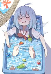 Rule 34 | 1girl, ahoge, blue dress, blue hair, blush, bottle, can, cirno, closed eyes, collared shirt, detached wings, dress, fairy, highres, ice, ice wings, kae karee, open mouth, pinafore dress, shirt, short hair, short sleeves, sleeveless, sleeveless dress, solo, touhou, water, wet, wet clothes, wet shirt, white background, white shirt, wings