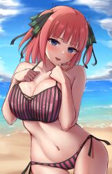 Rule 34 | 1girl, beach, bikini, black ribbon, blue eyes, blue sky, blush, breasts, butterfly hair ornament, cloud, cloudy sky, commentary, go-toubun no hanayome, hair ornament, hair ribbon, highres, lank (lankdesu), large breasts, looking at viewer, nakano nino, open mouth, pink hair, ribbon, sky, solo, striped bikini, striped clothes, swimsuit