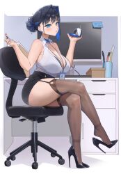 Rule 34 | 1girl, alternate costume, applying makeup, archinoer, bare shoulders, black bra, black footwear, black skirt, blue choker, blue eyes, blue hair, blue nails, box, bra, bra visible through clothes, breasts, chair, choker, cleavage, collared shirt, commentary, compact (cosmetics), cosmetics, crossed legs, cubicle, desk, drawer, english commentary, garter straps, hair bun, hair intakes, hand mirror, high heels, highres, holding, holding mirror, hololive, hololive english, id card, computer keyboard, lanyard, large breasts, lipstick tube, looking at viewer, miniskirt, mirror, monitor, multicolored hair, office chair, office lady, ouro kronii, pen, pen holder, shirt, sitting, skirt, sleeveless, sleeveless shirt, solo, sticky note, streaked hair, swivel chair, thighhighs, underwear, virtual youtuber, white shirt