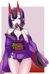 Rule 34 | 1girl, bare shoulders, blood, blood on face, blood on hands, bob cut, breasts, bridal gauntlets, collarbone, eyeliner, fate/grand order, fate (series), haiiro gundan, headpiece, horns, japanese clothes, kimono, licking, licking finger, long sleeves, looking at viewer, makeup, obi, off shoulder, oni, purple eyes, purple hair, purple kimono, revealing clothes, sash, short hair, shuten douji (fate), skin-covered horns, small breasts, solo, thighs, tongue, tongue out, wide sleeves