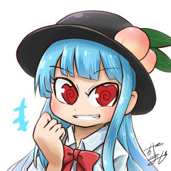 Rule 34 | +++, 1girl, black hat, blue hair, blunt bangs, bow, chamaji, collared shirt, commentary, food, fruit, hat, heart, heart-shaped pupils, hinanawi tenshi, leaf, long hair, looking at viewer, lowres, peach, profile picture, red bow, red eyes, shirt, short sleeves, sidelocks, signature, smile, solo, symbol-shaped pupils, touhou, upper body, white background, white shirt