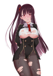 Rule 34 | 1girl, absurdres, arms behind back, black pantyhose, blazer, blush, breasts, brown hair, framed breasts, girls&#039; frontline, gloves, gusset, hair ribbon, half updo, highres, jacket, large breasts, long hair, looking at viewer, moli qiyue, necktie, one side up, pantyhose, parted lips, pelvic curtain, purple hair, red eyes, red necktie, red ribbon, ribbon, shirt, sidelocks, signature, simple background, skirt, solo, sweatdrop, thighband pantyhose, torn clothes, torn pantyhose, underwear, very long hair, wa2000 (girls&#039; frontline), white background