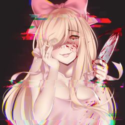 Rule 34 | 1girl, absurdres, album cover, blonde hair, blood, bloody weapon, blush, bow, breasts, brown eyes, commentary, cover, digital dissolve, fingernails, hair bow, hand on own face, highres, holding, holding knife, kanachirou, knife, large breasts, long hair, looking at viewer, original, parted lips, pink bow, smile, solo, upper body, weapon, yandere, yandere trance
