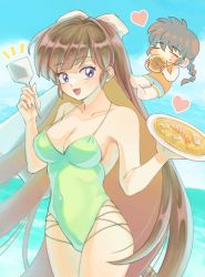 Rule 34 | 1boy, 1girl, bad id, bad twitter id, barefoot, blue eyes, blue sky, blush stickers, breasts, brown hair, chibi, closed eyes, eating, food, green one-piece swimsuit, halterneck, heart, highres, kuonji ukyou, long hair, one-piece swimsuit, open mouth, outdoors, ranma 1/2, saotome ranma, shrimp, sky, swimsuit, tsukuminmi, water