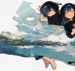 Rule 34 | 1boy, 1girl, absurdres, barefoot, black hair, black shirt, closed eyes, cloud, double exposure, forest, highres, ka (marukogedago), lake, long hair, lying, nature, on back, on side, open mouth, original, scenery, shirt, short hair, short sleeves, simple background, sleeping, smile, under covers, white background