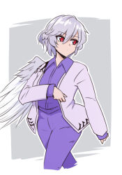 Rule 34 | 1girl, adapted costume, border, braid, collared shirt, cowboy shot, feathered wings, french braid, grey background, jacket, kishin sagume, looking to the side, open clothes, open jacket, outline, pants, purple pants, purple shirt, red eyes, shio (futatsumami), shirt, short hair, simple background, single wing, solo, touhou, walking, white border, white hair, white jacket, white outline, white wings, wings