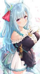 Rule 34 | 1girl, absurdres, animal ears, arm under breasts, black dress, blue hair, blush, bow, braid, breasts, closed mouth, commentary request, cowboy shot, crown braid, dress, ear ribbon, gloves, hand on own chest, highres, horse ears, horse girl, horse tail, long hair, long sleeves, looking at viewer, mejiro ardan (umamusume), off shoulder, purple eyes, sky cappuccino, smile, solo, standing, tail, umamusume, white gloves