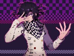 Rule 34 | 1boy, belt buckle, black scarf, buckle, buttons, checkered background, checkered clothes, checkered scarf, commentary, crazy, crazy eyes, crazy grin, danganronpa (series), danganronpa v3: killing harmony, fingernails, floating hair, hair between eyes, hand on own face, jacket, kogarashi 8, long sleeves, looking at viewer, male focus, messy hair, oma kokichi, outline, outstretched hand, pink outline, purple background, purple eyes, purple hair, scarf, shaded face, sharp teeth, short hair, simple background, solo, teeth, two-tone scarf, upper body, white jacket, white scarf, white sleeves, wide-eyed