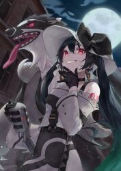 Rule 34 | 1girl, absurdres, bare shoulders, black choker, black gloves, black ribbon, bossan 3310, choker, creatures (company), dark green hair, dark miku (project voltage), earrings, evil smile, game freak, gen 8 pokemon, gloves, hat, hat ribbon, hatsune miku, highres, holding, holding microphone, jewelry, long hair, long sleeves, luxury ball, microphone, moon, night, night sky, nintendo, obstagoon, poke ball, pokemon, pokemon (creature), project voltage, red eyes, ribbon, ring, sky, smile, tongue, tongue out, twintails, uneven twintails, very long hair, vocaloid