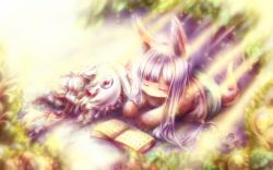 Rule 34 | 10s, 1girl, animal ears, blurry, book, commentary request, creature, depth of field, closed eyes, full body, furry, light purple hair, long hair, lying, made in abyss, mitty (made in abyss), nanachi (made in abyss), on stomach, open book, open mouth, plant, red eyes, sunlight, tail, very long hair, whiskers, yunomoto chihiro