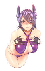 Rule 34 | 10s, 1girl, alternate costume, bad id, bad pixiv id, bare shoulders, bikini, black gloves, blush, breast suppress, breasts, brown eyes, cleavage, closed mouth, collarbone, covered erect nipples, criss-cross halter, cropped legs, eyepatch, gloves, halterneck, halterneck, headgear, kantai collection, large breasts, leaning forward, looking at viewer, nose blush, partially fingerless gloves, purple bikini, purple hair, short hair, solo, swimsuit, tenryuu (kancolle), yellow eyes, zucchini