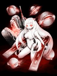 Rule 34 | 10s, 1girl, abyssal ship, airfield princess, colored skin, floating fortress (kancolle), highres, horns, kajaneko, kantai collection, kneeling, long hair, looking at viewer, machinery, pale skin, red eyes, teeth, traditional media, white hair, white skin