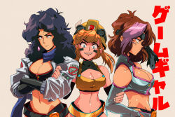 Rule 34 | 3girls, aqua eyes, arms under breasts, bare shoulders, black hair, blue scarf, breasts, brown hair, character request, cleavage, commentary, crop top, curly hair, david liu, earrings, elbow gloves, english commentary, from side, frown, game gyaru, gloves, headband, highres, holding another&#039;s arm, jacket, jewelry, large breasts, linea alba, long hair, looking at viewer, looking to the side, medium breasts, midriff, multicolored hair, multiple girls, navel, open clothes, open jacket, open mouth, orange hair, red eyes, retro artstyle, scarf, simple background, sleeveless, smile, toned, translation request, twintails, two-tone hair, upper body