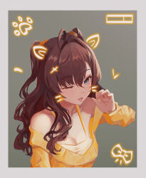 Rule 34 | 1girl, :3, absurdres, ahoge, animal ears, animal print, blue eyes, blush, bow, breasts, brown hair, cleavage, collarbone, commentary request, drawn ears, drawn whiskers, hair between eyes, heart, highres, ichinose shiki, idolmaster, idolmaster cinderella girls, long hair, looking at viewer, medium breasts, off-shoulder sweater, off shoulder, one eye closed, open mouth, orange sweater, picture frame, purikura, qingli ye, shirt, sleeveless, sleeveless shirt, smile, sweater, two side up, upper body, wavy hair, whiskers, yellow shirt