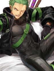 Rule 34 | 1boy, arm rest, arm up, black bodysuit, black gloves, black jacket, bodysuit, collared jacket, gloves, green hair, high collar, highres, jacket, leaning back, leaning to the side, long sleeves, looking to the side, male focus, oekakiboya, official alternate costume, one eye closed, one piece, open clothes, open jacket, open mouth, pectorals, roronoa zoro, scar, scar across eye, short hair, sideburns, sitting, skin tight, solo, spoilers, spread legs, sword, toned, toned male, turtleneck, turtleneck bodysuit, unzipped, v-shaped eyebrows, weapon, weapon on back, zipper