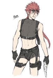 Rule 34 | 1boy, abs, bad id, bad pixiv id, bare arms, bare shoulders, black shorts, bulge, commentary request, cropped legs, earrings, final fantasy, final fantasy vii, final fantasy vii remake, fingerless gloves, fishnet top, fishnets, gloves, goggles, goggles on head, green eyes, gun, handgun, holding, holding gun, holding weapon, holster, jewelry, long hair, looking back, looking to the side, male focus, mondi hl, navel, nipples, pistol, ponytail, red hair, reno (ff7), shorts, shoulder holster, sketch, solo, weapon
