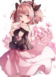 Rule 34 | 1girl, animal ears, antlers, blush, bow, camisole, cherry, cherry blossoms, closed mouth, cowboy shot, floral background, food, food in mouth, frills, from side, fruit, headdress, horns, looking at viewer, original, petals, pink bow, pink eyes, pink hair, pink skirt, short hair, shugao, skirt, solo, wind, wind lift