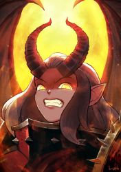 Rule 34 | 1girl, armor, brown hair, clenched teeth, commission, demon girl, demon horns, demon wings, glowing, glowing eyes, horns, lutherniel, pointy ears, portrait, signature, solo, spikes, teeth, valkia the bloody, warhammer fantasy, wings, yellow background, yellow eyes