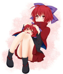 Rule 34 | 1girl, absurdres, bad id, bad pixiv id, bow, cape, covered mouth, hair bow, highres, red eyes, red hair, sekibanki, short hair, solo, thighs, touhou, yami nabe, yukkuri shiteitte ne