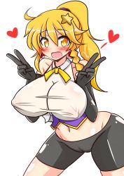 Rule 34 | 1girl, alternate costume, bare shoulders, bike shorts, blonde hair, blush, breasts, double v, covered erect nipples, fang, heart, highres, huge breasts, kirisame marisa, large breasts, looking at viewer, midriff, navel, no bra, open mouth, rindou (p41neko), smile, solo, touhou, v, white background, yellow eyes