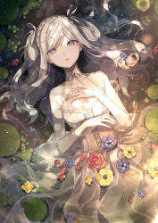 Rule 34 | 1girl, amaichi esora, blonde hair, breasts, collarbone, dress, fine art parody, flower, from above, hands on own chest, highres, leaf, lens flare, long hair, long sleeves, looking at viewer, ophelia (painting), original, parody, partially submerged, purple flower, red flower, resolution mismatch, small breasts, solo, source larger, water, wet, wet clothes, wet hair, yellow flower