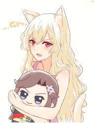Rule 34 | 1girl, animal ear fluff, animal ears, bare arms, bare shoulders, blonde hair, blush, camisole, cat ears, cat girl, cat tail, character doll, chibinekopan, commentary request, cropped torso, hugging doll, fang, hair between eyes, highres, holding, holding stuffed toy, kemonomimi mode, long hair, looking away, motion lines, hugging object, open mouth, pink camisole, pink eyes, saijou claudine, shoujo kageki revue starlight, sidelocks, simple background, solo, stuffed toy, tail, tendou maya, translated, upper body, v-shaped eyebrows, very long hair, wavy hair, yellow background