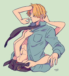 Rule 34 | 1boy, 1girl, abs, belt, blonde hair, blue shirt, changing clothes, cigarette, commentary request, curly eyebrows, dated, disembodied hand, facial hair, goatee stubble, hair over one eye, hana hana no mi, hatch (8cco), necktie, nico robin, one piece, pants, sanji (one piece), shirt, short hair, simple background, stubble, upper body