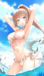 Rule 34 | 1girl, 723/nanahumi, adjusting hair, aqua eyes, bikini, blonde hair, blush, breasts, breasts out, cloud, cloudy sky, copyright request, cowboy shot, frilled bikini, frilled panties, frills, front-tie bikini top, front-tie top, hair ornament, halterneck, highres, in mouth, in water, large breasts, long hair, outdoors, panties, side-tie bikini bottom, sky, solo, swimsuit, thighs, underwear, unworn hair ornament, wading, water drop, waves, white bikini, white panties