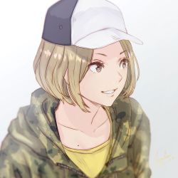 Rule 34 | 1girl, anbe yoshirou, brown eyes, brown hair, camouflage, commentary request, dated, grin, hat, hoodie, jacket, light brown hair, mole, shirt, short hair, smile, solo, teeth, undershirt, upper body, yellow shirt