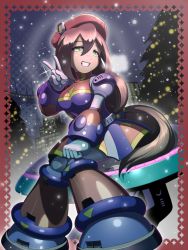 Rule 34 | 1girl, android, beret, blush, breasts, breath, building, christmas lights, christmas tree, commentary request, dress, green eyes, grin, hair between eyes, hand up, hat, iris (mega man), long hair, looking to the side, low-tied long hair, medium breasts, mega man (series), mega man x4, mega man x (series), napo, outdoors, red hat, sitting, smile, snowing, solo, sparkle, v, very long hair
