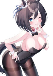 Rule 34 | 1girl, absurdres, animal ears, bare shoulders, black bow, black bowtie, black hair, black leotard, black pantyhose, blue eyes, bob cut, bow, bowtie, breasts, cleavage, cowboy shot, detached collar, ear scrunchie, eishin flash (umamusume), finger to mouth, hair between eyes, highres, horse ears, horse girl, horse tail, kaede (maple4rt), large breasts, leaning forward, leotard, nontraditional playboy bunny, one eye closed, pantyhose, scrunchie, short hair, simple background, solo, strapless, strapless leotard, swept bangs, tail, thighband pantyhose, umamusume, white background, white scrunchie, wrist cuffs