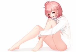 Rule 34 | 1girl, bad id, bad pixiv id, bare legs, barefoot, blush, breasts, collared shirt, commentary request, feet, full body, hair bun, highres, knees up, long sleeves, looking at viewer, maemi (maemi12), no pants, open mouth, orange eyes, pink hair, revision, shirt, short hair, side bun, simple background, single hair bun, single side bun, sitting, sleeve cuffs, smile, solo, toes, white background, white shirt, yahari ore no seishun lovecome wa machigatteiru., yuigahama yui