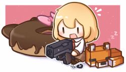 Rule 34 | blonde hair, blush, brown skirt, chibi, chibi only, collared shirt, commentary, doughnut, english commentary, food, gun, handgun, highres, hololive, hololive english, huge weapon, long sleeves, minecraft, moon ldl, necktie, open mouth, oversized food, oversized object, red necktie, shirt, short hair, skirt, smol ame, virtual youtuber, watson amelia, watson amelia (1st costume), weapon, | |
