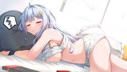 Rule 34 | 1girl, :t, absurdres, ahoge, bare shoulders, bed sheet, blue hair, blush, breasts, cat hair ornament, closed eyes, closed mouth, curtains, day, facing viewer, frilled pillow, frills, hair ornament, hairclip, highres, indoors, large breasts, long hair, lying, moyoron, navel, nintendo switch, hugging object, on side, original, pillow, pillow hug, polka dot, polka dot shorts, short shorts, shorts, sleeping, solo, spoken zzz, sunlight, underboob, very long hair, white shorts, window, zzz