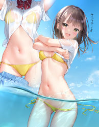 Rule 34 | 1girl, :d, arms up, bikini, blue skirt, blue sky, blush, bow, bowtie, breasts, brown eyes, brown hair, cleavage, clothes lift, clothes pull, commentary request, cowboy shot, day, eighth note, gluteal fold, hair strand, lifting own clothes, looking at viewer, medium breasts, mignon, multiple views, musical note, navel, open mouth, original, outdoors, partially visible vulva, plaid, plaid skirt, red bow, red neckwear, see-through, shirt, shirt lift, short hair, short sleeves, side-tie bikini bottom, skirt, skirt pull, sky, smile, stomach, string bikini, striped bow, striped bowtie, striped clothes, striped neckwear, swimsuit, translated, undressing, untied bikini, wardrobe malfunction, water, wet, wet clothes, wet shirt, yellow bikini