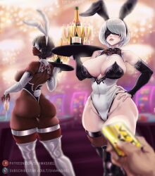 Rule 34 | 1boy, 2b (nier:automata), 2girls, 2p (nier:automata), animal ears, ass, breasts, card, curvy, dark-skinned female, dark skin, fake animal ears, fake tail, feet out of frame, hetero, highleg, highleg leotard, highres, huge ass, large breasts, leotard, lips, looking at another, multiple girls, narrow waist, nier:automata, nier (series), out of frame, playboy bunny, pov, rabbit ears, rabbit tail, revealing clothes, shamashiel, shiny skin, standing, sweat, sweatdrop, tail, thong leotard, white hair, wide hips