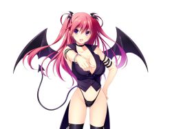 Rule 34 | 1girl, arm strap, ayase hazuki, black legwear, black wings, bracelet, breasts, cleavage, demon girl, demon tail, firika mia shatana, game cg, grand cru bourgeois, hair ornament, hand on own hip, happy, head wings, jewelry, large breasts, legs, long hair, looking at viewer, nukidoki!, open mouth, panties, pink hair, pointing, purple eyes, simple background, smile, solo, standing, tail, thighs, thong, twintails, underwear, wings