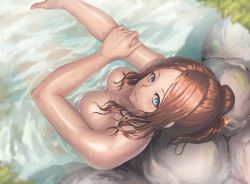 Rule 34 | 1girl, blue eyes, breasts, brown hair, fate/grand order, fate (series), from above, highres, large breasts, leonardo da vinci (fate), long hair, looking at viewer, looking up, nude, onsen, parted bangs, parted lips, partially submerged, ranma (kamenrideroz), rock, smile, solo, water