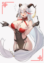 Rule 34 | 1girl, absurdres, aegir (azur lane), aegir (golden dragon among auspicious clouds) (azur lane), azur lane, bare hips, bare shoulders, black thighhighs, breasts, cleavage, contrapposto, cropped legs, dress, garter belt, garter straps, halter dress, halterneck, highres, horns, large breasts, long hair, looking at breasts, low-tied long hair, narrowed eyes, official alternate costume, open mouth, sideless outfit, simple background, skindentation, solo, surprised, tassel, thighhighs, very long hair, white background, white hair, yellow eyes, yun (user367624)