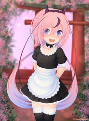 Rule 34 | 1other, apron, arms behind back, artist name, blue eyes, blue hair, blush, commission, dress, eroneko senpai, fangs, highres, horns, knee up, knees up, maid, maid apron, meika hime, multicolored hair, nose, open mouth, pink hair, ponytail, ribbon, skirt, teeth, thighhighs, thighs, tongue, twintails, vocaloid, watermark