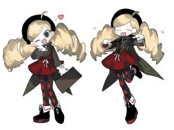 Rule 34 | bad id, bad pixiv id, black footwear, blonde hair, blue eyes, checkered clothes, checkered legwear, chibi, closed eyes, drill hair, gloves, heart, looking at viewer, lunch (lunchicken), one eye closed, original, simple background, skirt, standing, standing on one leg, twin drills, white background