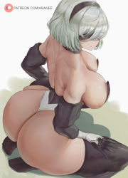 Rule 34 | 1girl, adapted costume, alternate breast size, araneesama, artist name, ass, back, backless outfit, bare shoulders, black blindfold, black hairband, black leotard, black thighhighs, blindfold, breasts, closed mouth, commentary, covered eyes, cowboy shot, detached collar, elbow gloves, from behind, gloves, hairband, hands on own thighs, highres, huge breasts, kneeling, leotard, narrow waist, nier:automata, nier (series), paid reward available, short hair, shoulder blades, simple background, skindentation, solo, strapless, strapless leotard, thighhighs, thighs, 2b (nier:automata)