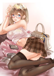Rule 34 | 1girl, :d, bag, bare arms, bed, black thighhighs, blue eyes, blush, breasts, brown skirt, cellphone, clothes lift, ear piercing, glasses, gradient background, handbag, highres, jewelry, koji (kojikojimdw), light brown hair, lying, medium breasts, medium hair, navel, on bed, on side, open mouth, original, own hands together, phone, piercing, pillow, pink scarf, plaid, plaid skirt, pleated skirt, ribbed shirt, ring, scarf, shirt, shirt lift, skindentation, skirt, sleeveless, smartphone, smile, solo, teeth, thighhighs, turtleneck, upper teeth only, wristband